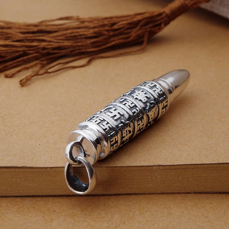 New in silver 925 Ethnic Style Embossed design Six Word Mantra Pendant cylindrical glossy Men\'s necklaces Simplicity  Jewelry