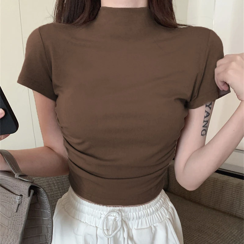 Summer Korean Fashion Y2K T-shirt Woman Japanese Turtleneck Crop Top Vintage Corset Solid Tee Shirt Women Sexy Cute Clothes