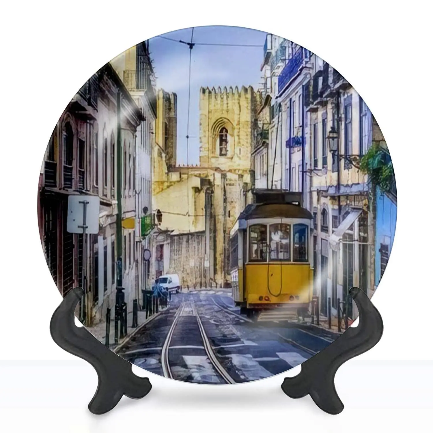 Decorative Plates Lisbon Portugal Tram Wall Decor Ceramic Ornament with Display Stand and Hook Up for Festival, Parties, Wedding