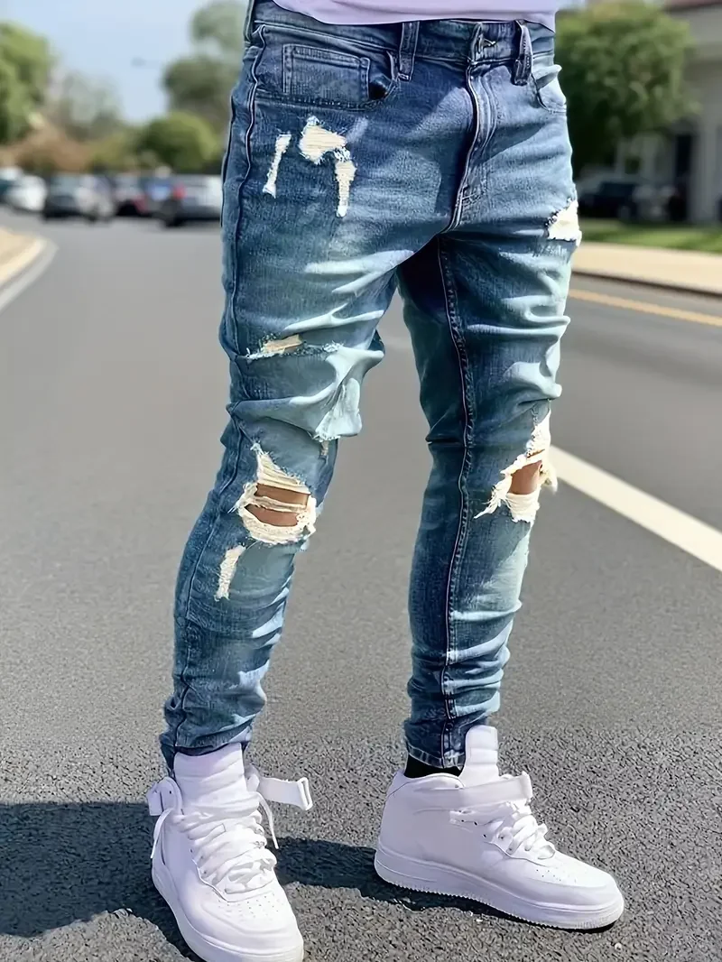 

Мужские повседневные джинсы приталенного кроя, с потертостями и эластичной тканью, стандартной длины, подходят для всех сезонов.