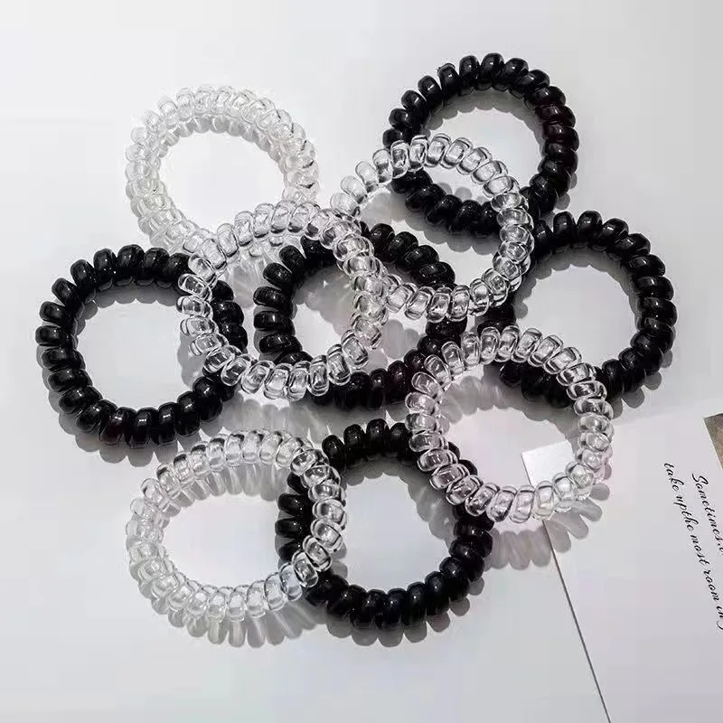 12pcs Telephone Wire Cord Hair Ring Women Elastic Spiral Hair Ties Black Rubber Bands Scrunchies Headwears Ponytail Holder