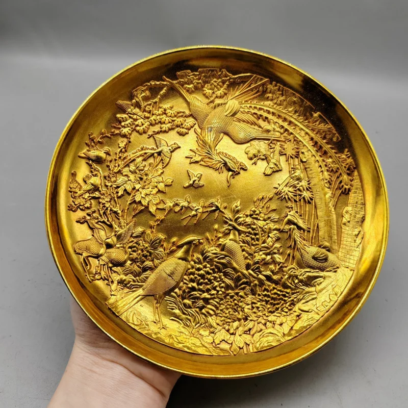 

Antique Style Large Pure Copper Hundred Birds Facing Phoenix Plate Ornament Qianlong Year Craft Gold Large Ornament Decoration