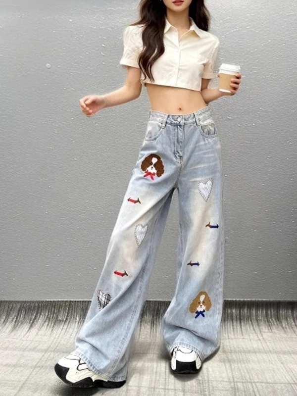 

High Waist Straight Leg Cartoon Embroidery Denim Jeans Women's Spring Faion Street Sle Slimming Wide Leg Pants