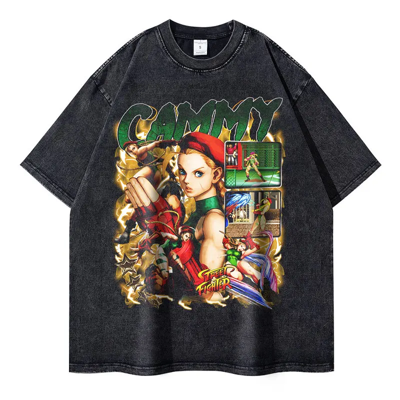 Game Street Fighter T Shirts Vintage Washed Cammy T-shirt Oversized Streetwear Retro Short Sleeve Akuma Chun Li Guile Tops Tees