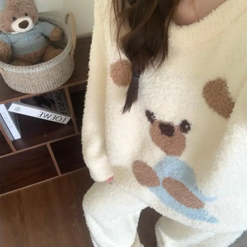 

Женские пижамы с полуворсом, утепленные брюки на флисовой подкладке с длинными рукавами и брюками, комплект домашней одежды, женская осенне-зимняя домашняя одежда для девочек