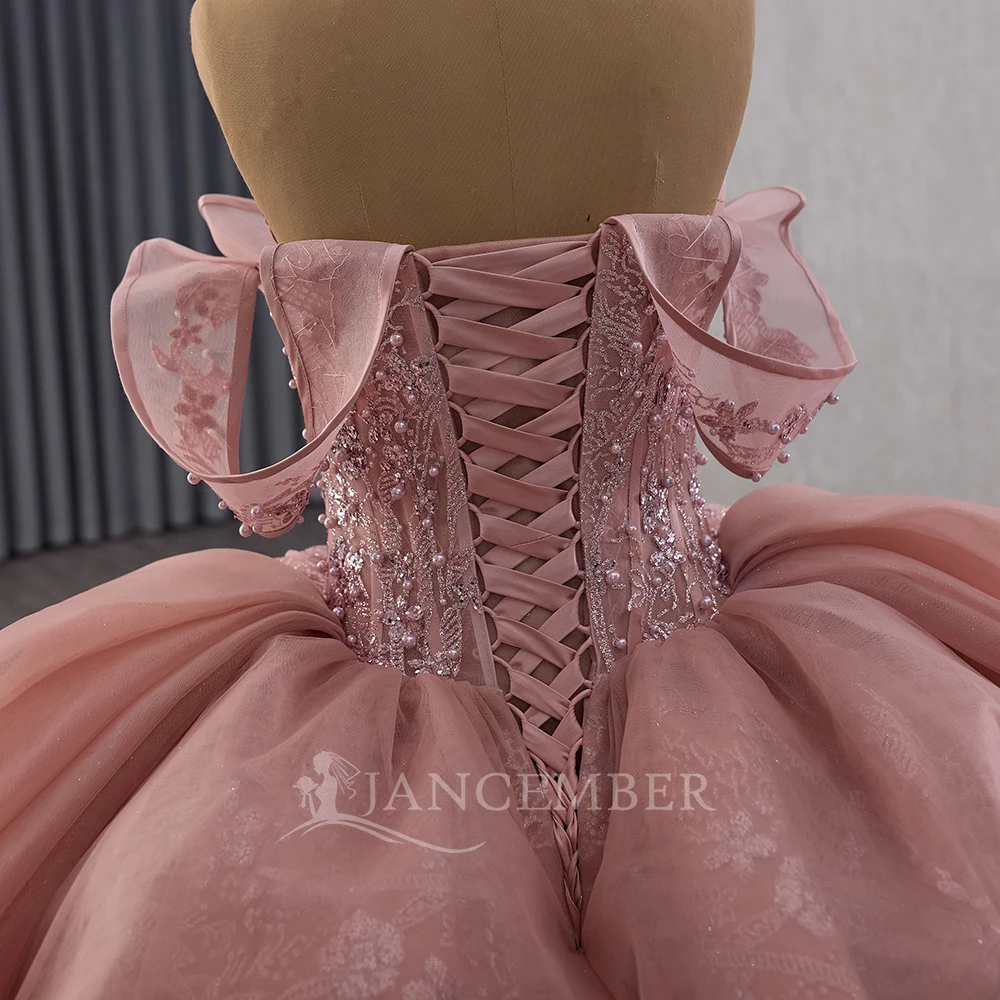 Glitzerndes rosa Ballkleid Quinceanera-Kleider mit Perlenstickerei, sexy, schulterfrei, mit Schnürung, Prinzessin, Party, Vestidos de 15 Jahre, individuell gestaltet
