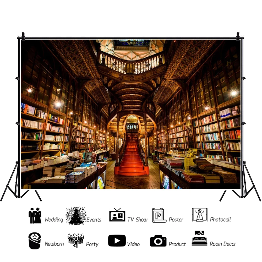 Laeacco Vintage Wood Bookshelf Photography Backdrop Retro Library Interior Luxry Ancient Book Bookcase Adult Portrait Background