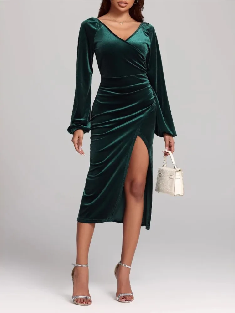 

Dresses 2025 Woman Autumn Long Sleeved Hip Covered Dress High Slit V Neck Elegant Sexy Slim Party Prom Vestidos Hot Style Trendy