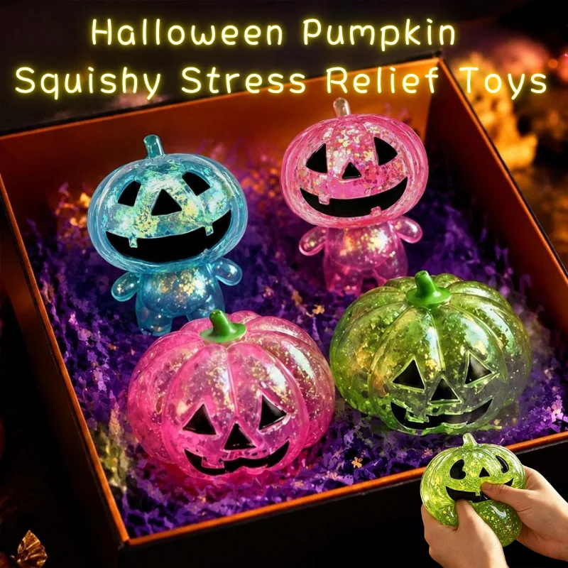 Halloween Pumpkin Squishy Stress Relief Toys Glitter Transparent Sequin Slow Rebound Stress Reducing Toy Halloween Gift 2027