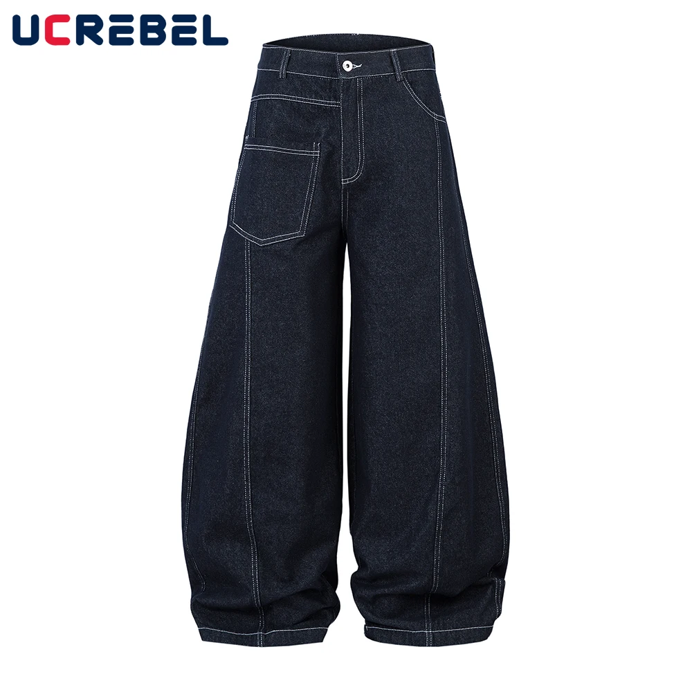 

Spliced Top Stitch Jeans Mens High Street Pocket Loose Wide Leg Scimitar Denim Pants Men