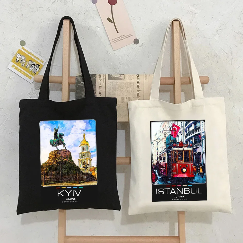 Amsterdam New York Paris Barcelona Lisbon Kyiv Cairo Istanbul Madrid Women Canvas Cotton Tote Bags Eco Shoulder Shopper Handbags