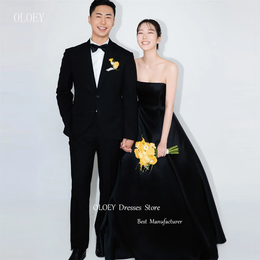 

OLOEY Simple A Line Black Evening Dresses Korea Wedding Photoshoot Strapless Floor Length Formal Party Gowns Corset Back