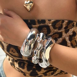 Wide Cuff Bangles Punk Gold Silver Color Geometric Glossy Metal Large Bangles for Women Bracelets Men Exaggerated Luxury Jewelry