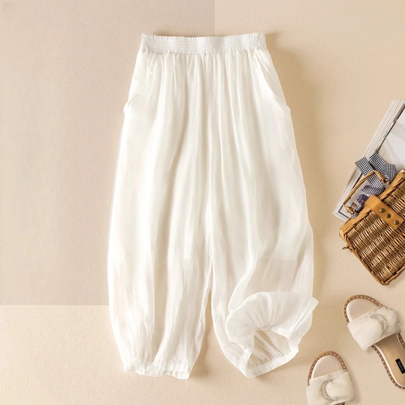 

Women Solid Loose Casual Vintage Summer Thin Korean Style Literary Lace-up Elastic Waisted Lantern Pants E8906