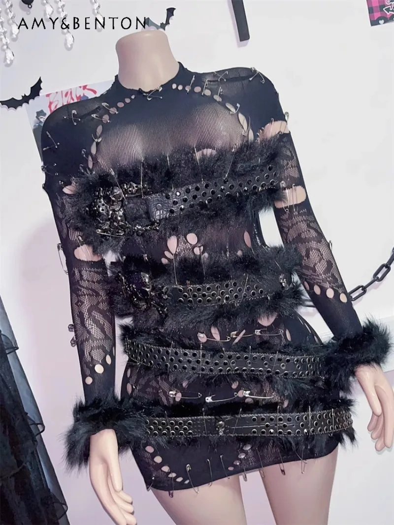 

European and American Niche Original Goth Long-sleeved Rough Edge Ripped Hole Hollowed Out Sexy Punk Mesh Through Dress Women