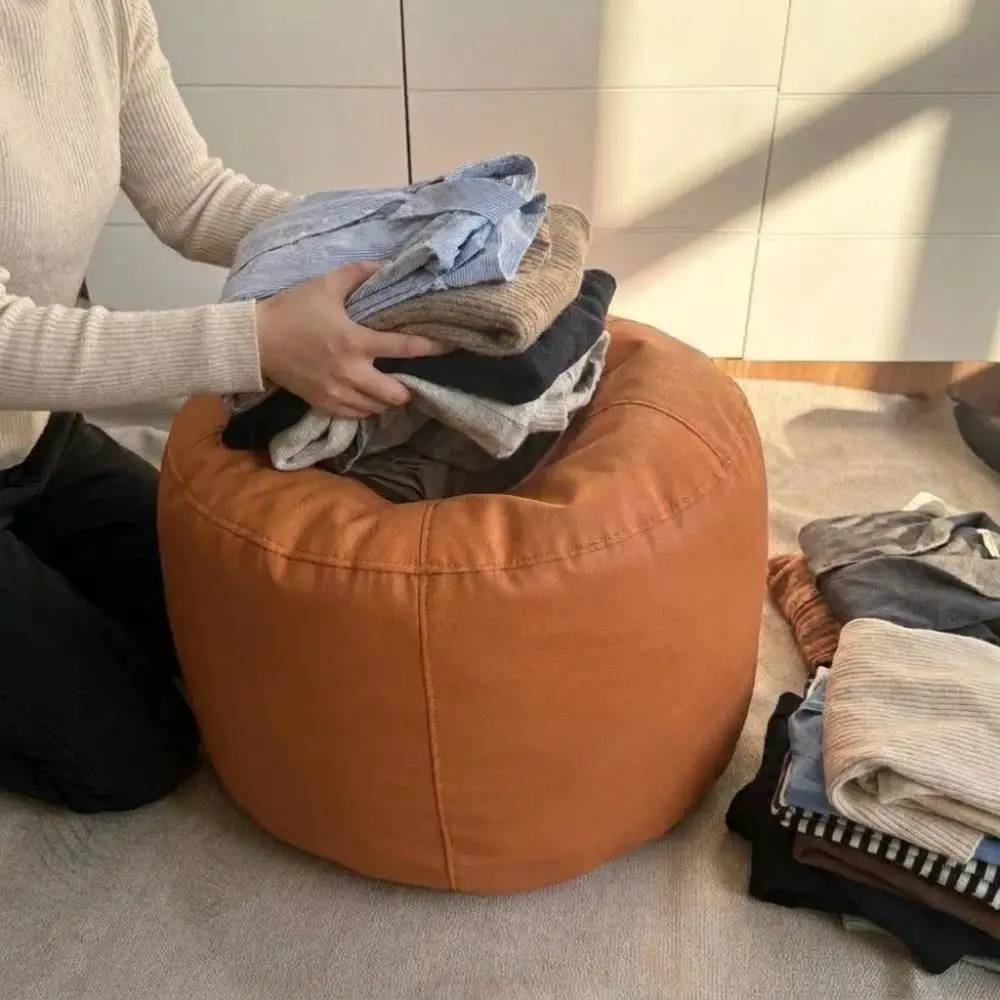 Space Saving PU Leather Seat Cushion Cover Large Capacity Minimalist Pouf Cover Round Waterproof Ottoman Seat Cover Bedroom