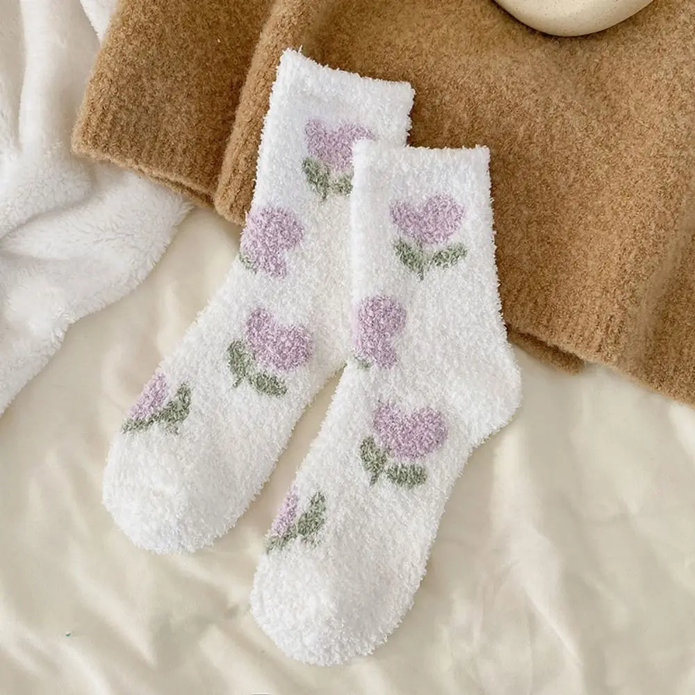 Soft Thickened Coral Fleece Socks Winter Flower Strawberry Floor Socks Hosiery Sleeping Warm Socks Women Autumn