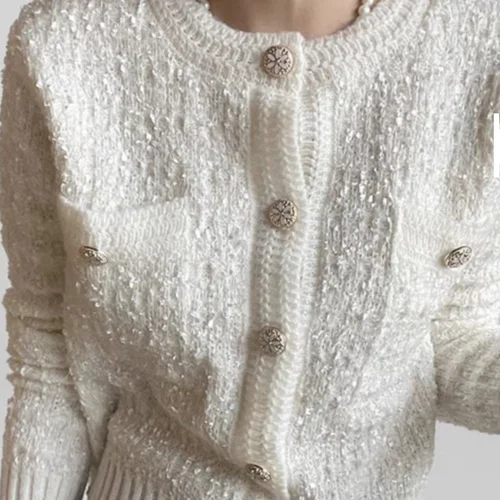 샤넬 스타일 스웨터 외투 여성 우아한 짧은 단추 슬림핏 두꺼운 니트 오픈 카디건 스웨터 외투 니트 외투 스웨터  Best5