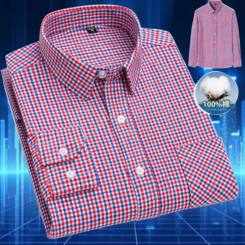 Large 6XL Men\'s 100% Cotton Flannel Brushed Plaid Shirt Non-iron Wrinkle Resistant Long Sleeve Fashion Slim Fit Business Casual