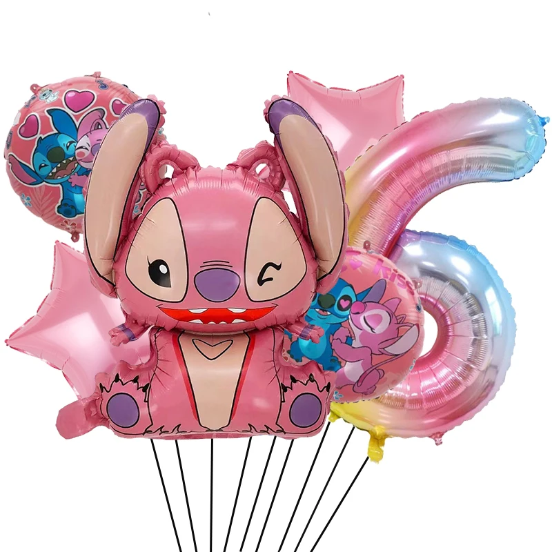 6 Pcs Pink Stitch Foil Balloons Set Digit 1-9 Years Old Balloons Cartoon Stitch Themed Baby Shower Kids Birhday Party Decoraions