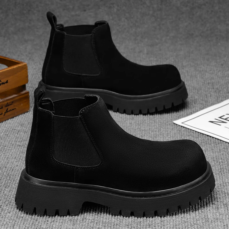 

Men's Leisure Chelsea Boots Black Trend Platform Shoes Cow Suede Leather Autumn Winter Boot Handsome Ankle Botas Masculinas Male