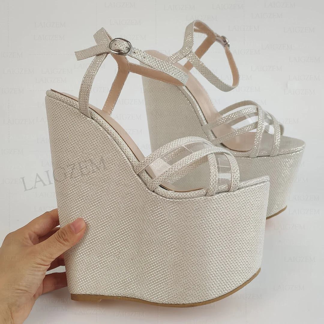 Berzimer Vrouwen Sandalen Platform Wiggen 20Cm Hoge Hakken Bling Patchwork Pumps Hoogte Verhogen Schoenen Vrouw Plus Maat 38 43 45 48