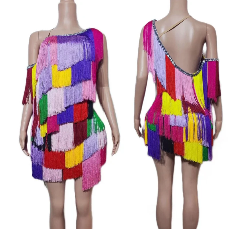 Colorful Full Fringed Dress Women Jazz Dance Performance Outfit Bar Nightclub Dj Ds Gogo Costume Stage Festival Wear XS11402