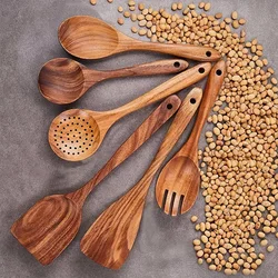 Set of 6 Wooden Cooking Spoons, Natural Teak Wood Cooking Utensils Non-Stick Wooden Spatula Set Wooden Kitchen Utensils