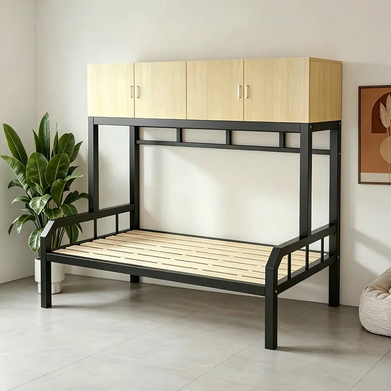 Wrought iron upper cabinet and lower bed combination student elevated bed staff apartment bed multi-functional simple storage