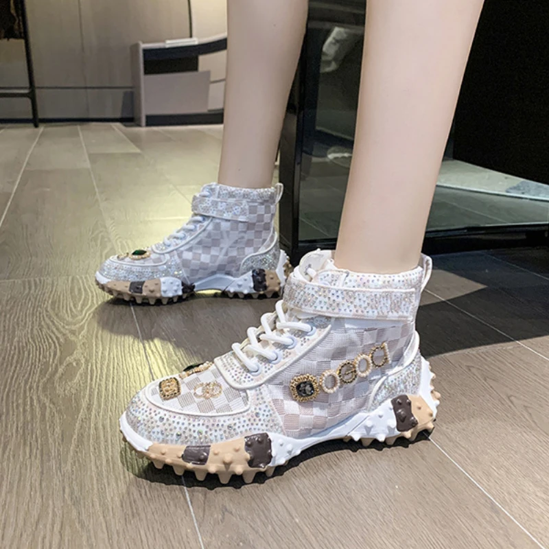 Women High Top Sneakers Printed Fashionable Rhinestone Boots for Lady Mesh Breathable Vulcanized Shoes High Quality Tennis Shoes