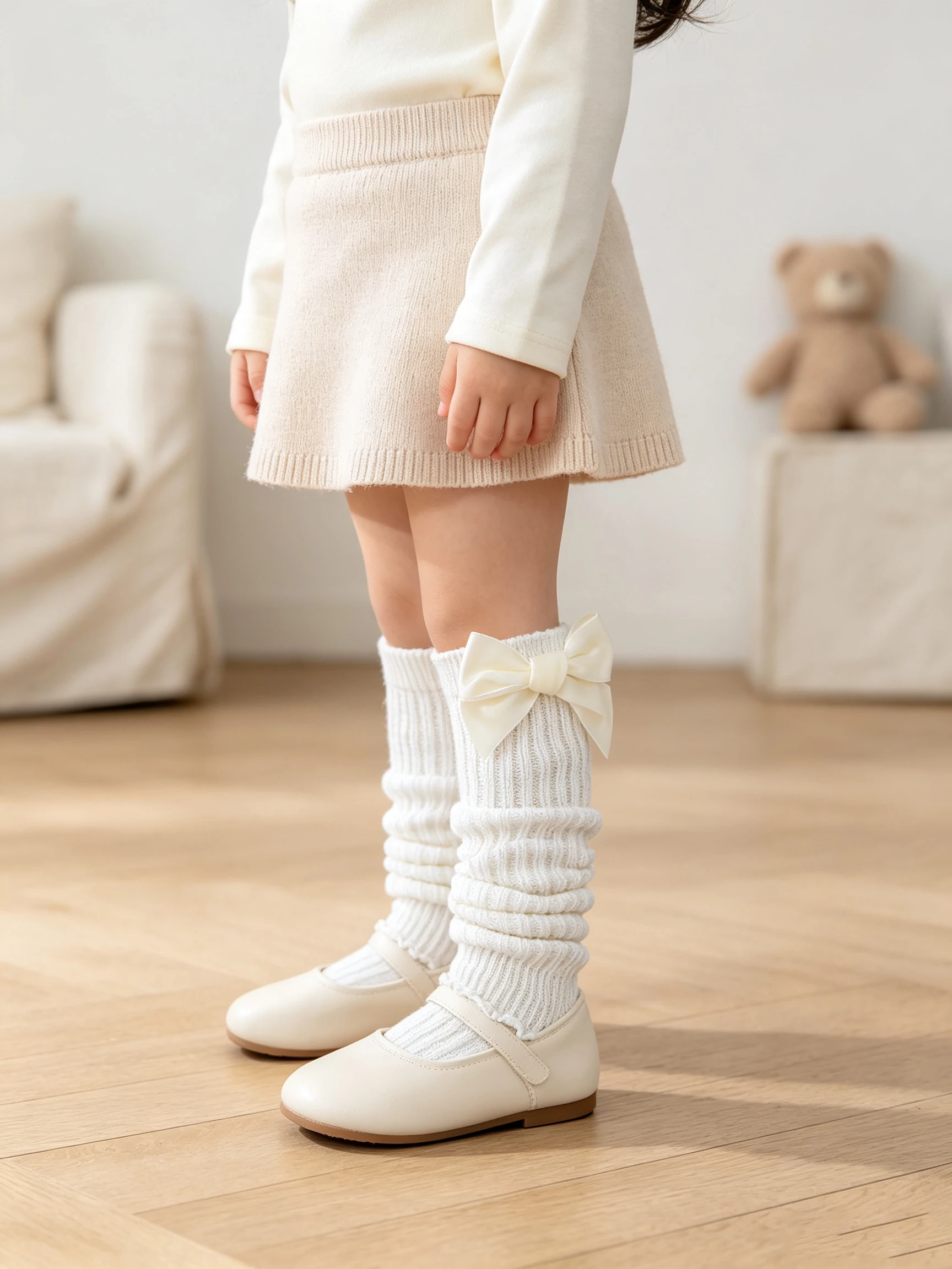 2Pairs Sweet Bow Decor Girls Leg Warmers 3‑8Y Solid Knit Slouch Socks All‑Season Kids Leg Cuffs For Daily Casual Dress Matching