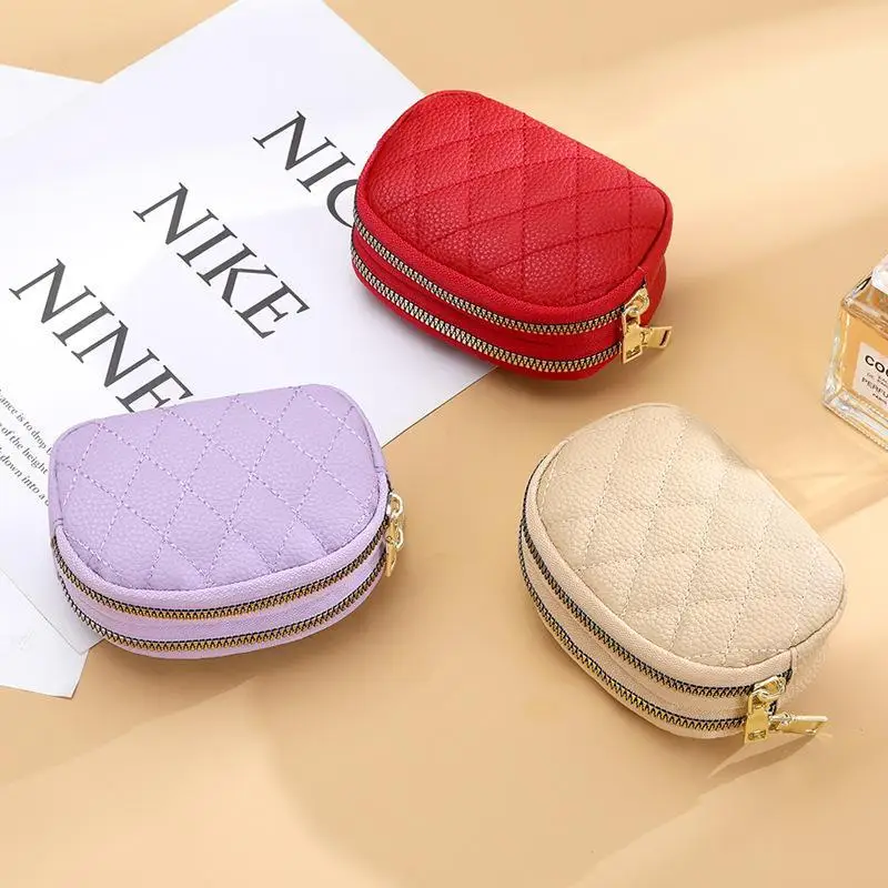 1 PCS Durable Double Layer Coin Purse Portable Zipper Key Bag PU Multifunctional Mini Card Holder