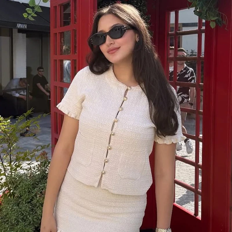 HXAO Crop-Strickjacke für Damen, Sommer-Strickwaren, 2025, Damen-Pullover, rosa, gebrochenes Weiß, O-Ausschnitt, kurze Ärmel, Bolero-Strickjacke für Damen