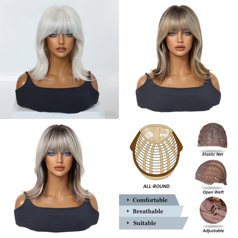 

Natural Layered Wavy Shoulder Length Wig with Bangs Heat Resistant Synthetic Hair for Women Daily Party Cosplay Multiple Colors