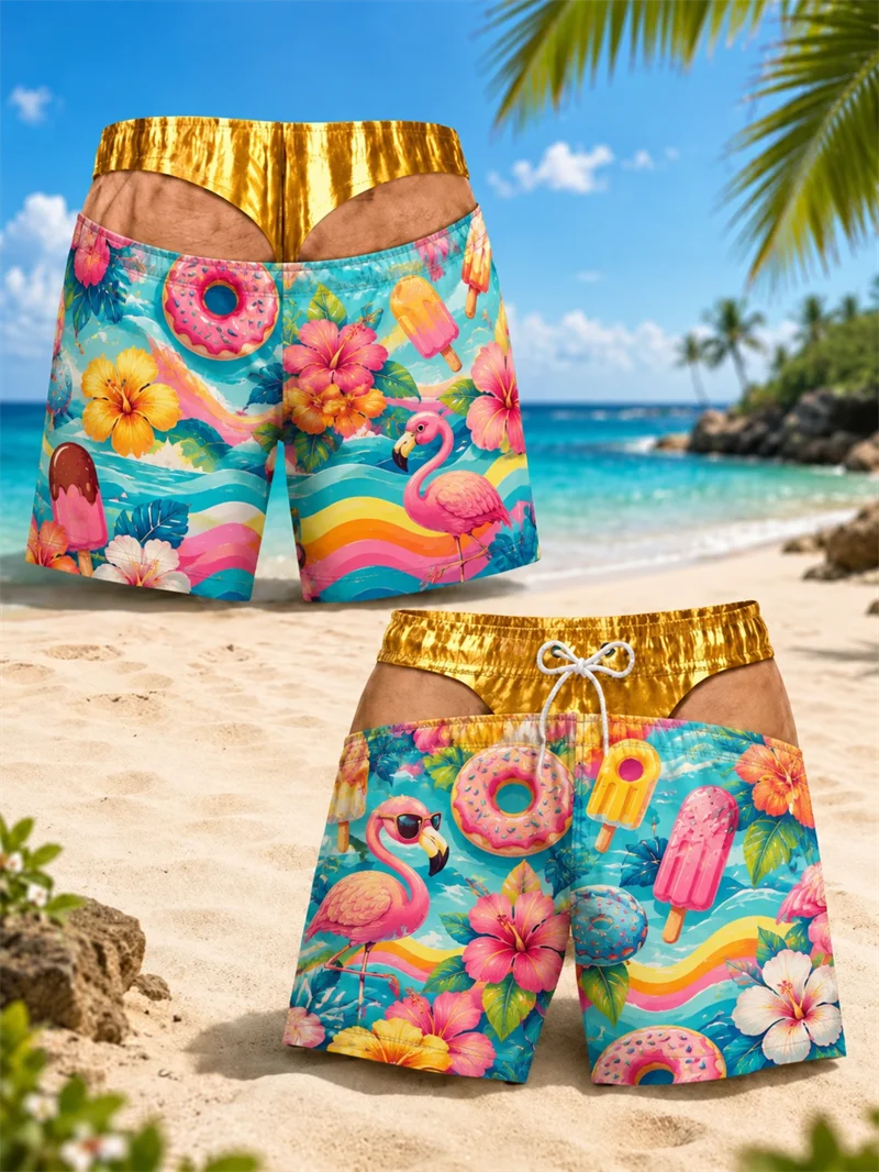 Mens 3D Candy Beach Shorts Funny Men's Swimsuit Tropical Flower Print Quick Dry Boardshorts For Swimming Resort Vacation Surf