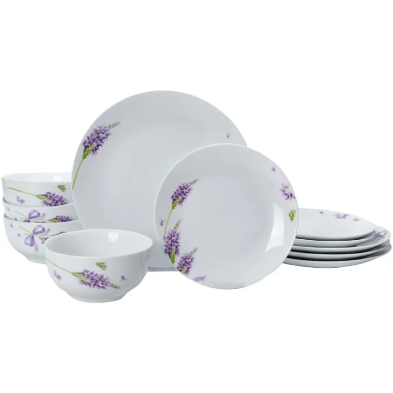 12-Piece Porcelain Kitchen Dinnerware Set with Purple Lavender Pattern, Round Dinner Plates, Dessert Plates, Soup Bowls