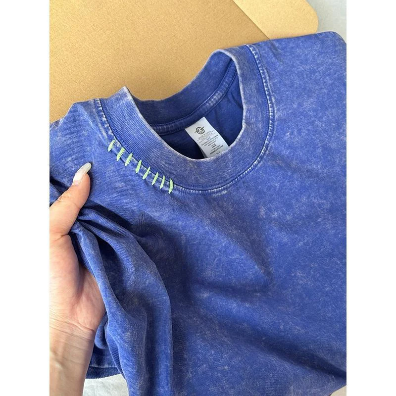 

Vintage Washed Distressed Men T-Shirt Casual Cotton Heavyweight Short Sleeve Tee Contrast Color Stitch Detail Summer Streetwear