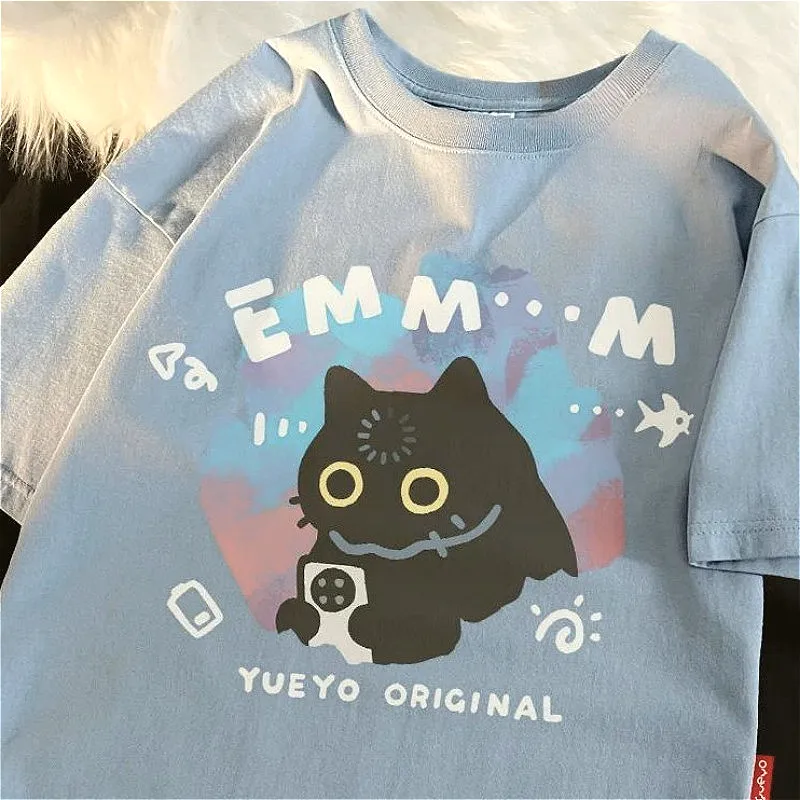 Korean Style Late Night Emo Cat Print Summer God Top Niche Trendy T-shirt