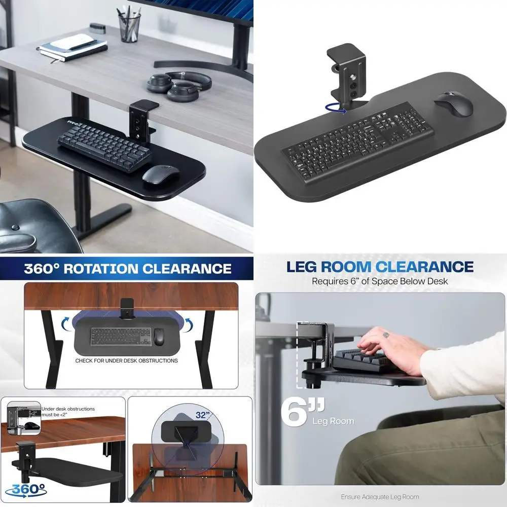 

Rotating 23x10 Inch Computer Desk Keyboard and Mouse Tray with Sturdy Clamp, Ergonomic, Black