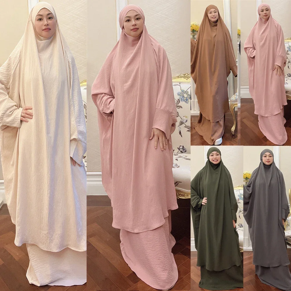 Two Piece Muslim Women Overhead Hijab Khimar Gowns Dress Sets Islamic Abaya Burqa Eid Ramadan Prayer Garment Costumes Arab Robe