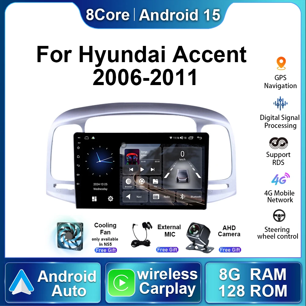

Android15 авто радио для Hyundai Accent 2006 2007 2008 2009-2011 беспроводной Carplay стерео навигация GPS автомобильный мультимедийный плеер