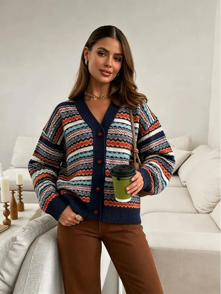 Gestrickter Gerippter V-Ausschnitt Jacquard-Cardigan für Damen, Eleganter Langarm-Cardigan mit Einzelknopfleiste, Paneelen und Loser Passform, Schicke Damen-Streetwear – Detail 10