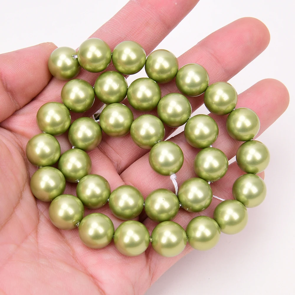 

APDGG 2 Strands 12mm Grass green Sea Shell Pearl Smooth Round Loose Beads Strand 15.5'' Jewelry Making DIY