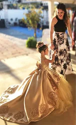 Vestidos de flores de encaje dorado de lujo para niñas, boda, desfile, fiesta, cumpleaños