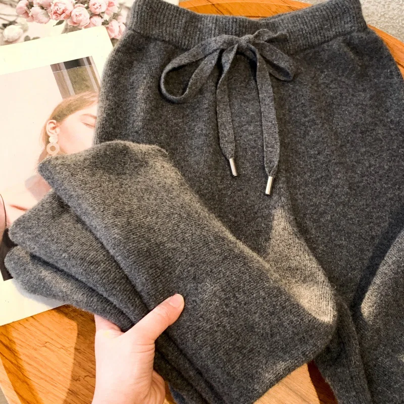 الخريف والشتاء مزاجه الصوف عالية الخصر فضفاضة واسعة الساق السراويل النسائية سحابة عادية لينة شمعي الصوف مستقيم بنطلون