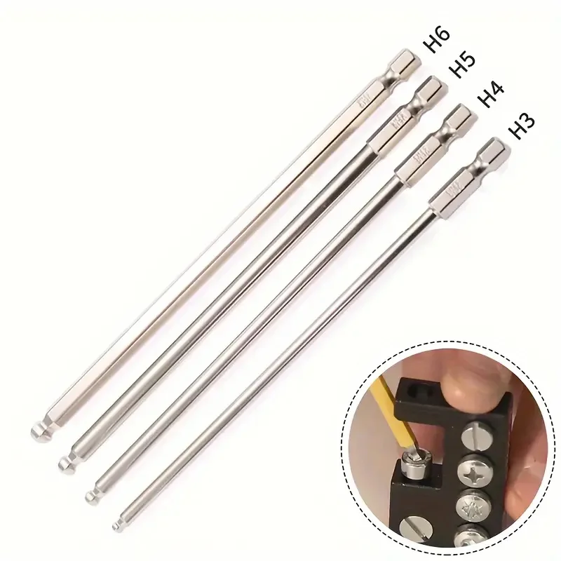 4pcs/Set Ball End Hex Screwdriver Bits S2 Steel Magnetic Metric Socket Tools 150mm H3-H6 Metal Manual Allen Key Bits Tool