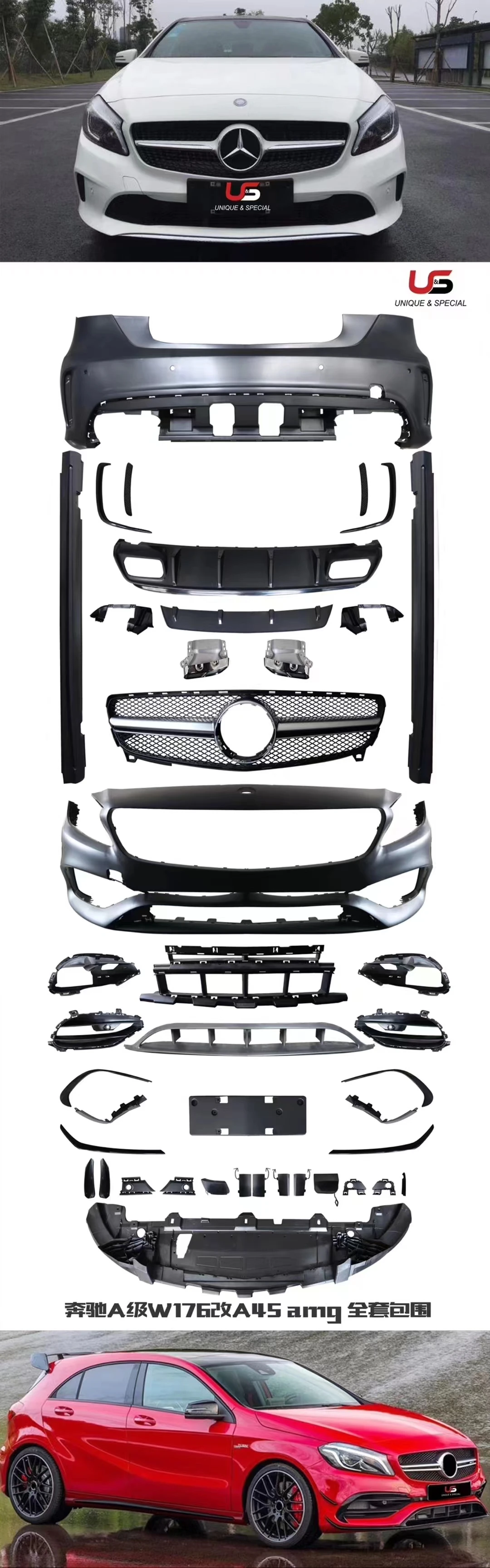 For Mercedes Benz A Class W176 2013+ Upgrade To A45 AMG Bumpers Body Kit with Grille Side Skirt Assembly.