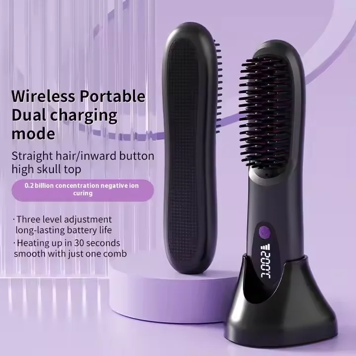 

New Rechargeable With Base LCD Straightening Comb - Portable Negative Ion Heat Brush, Damage-Free Straight Hair Comb