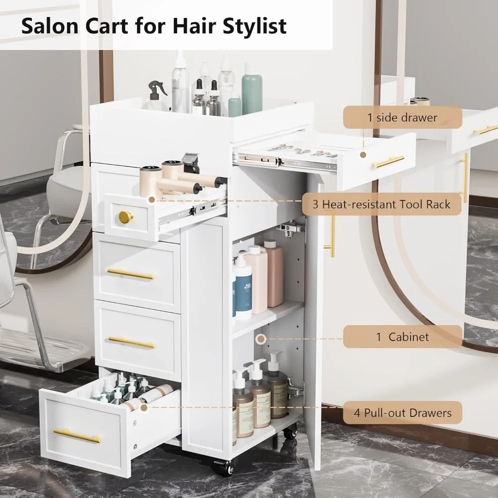 Carrinho de salão de beleza, estação de estilo de cabelo com 5 gavetas, 3 porta-ferramentas e prateleira ajustável, armário de armazenamento móvel