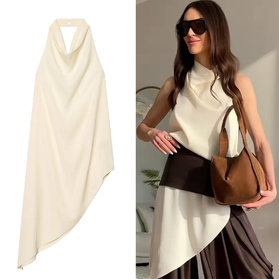 Women Satin Hanging Neck Collar Asymmetric Top Elegant Female Backless Decorate Sleeveless Party Solid Summer Satin Lady Top